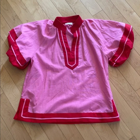 Entro Pink and Red Blouse Bubble Sleeve Linen large top - Picture 4 of 9